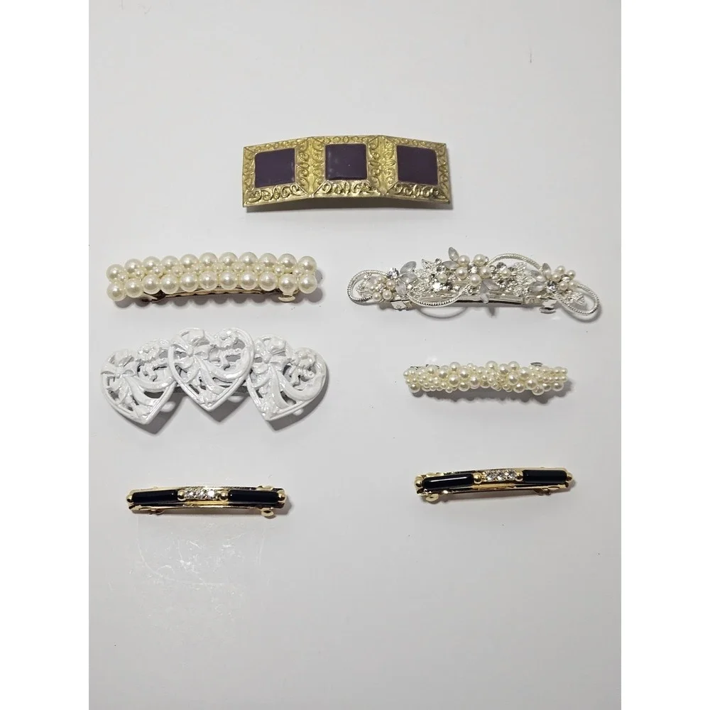 Vintage Hair Barrettes Clips Lot 7pc Faux Pearl Rhinestone Gold Silver Enamel